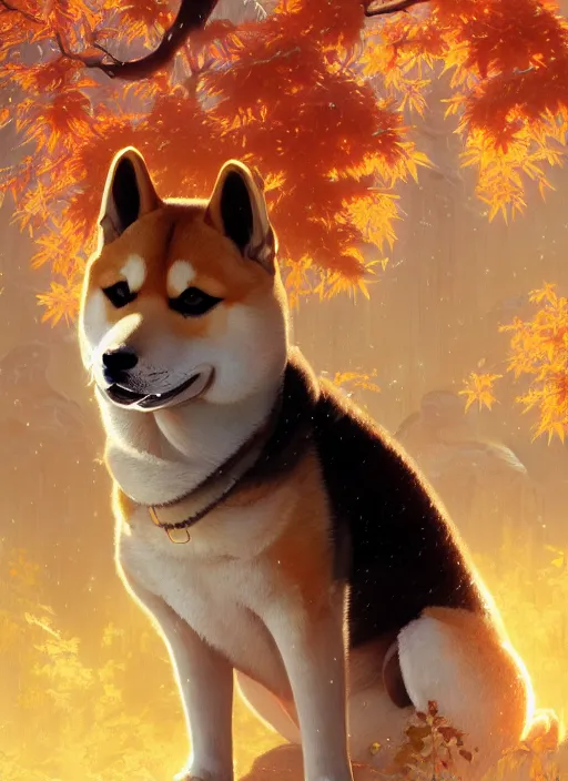 Image similar to Highly detailed portrait of Shiba inu, Stephen Bliss, unreal engine, fantasy art by Greg Rutkowski, Loish, Rhads, ferdinand knab, Makoto Shinkai and Lois van baarle, ilya kuvshinov, rossdraws, Tom Bagshaw, alphonse mucha, global illumination, radiant light, detailed and intricate environment