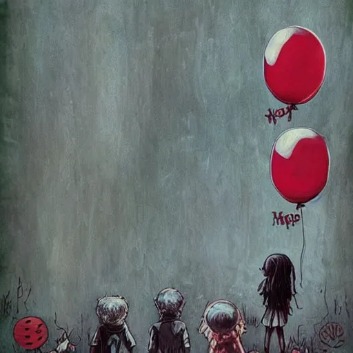 Image similar to grunge painting of stranger things with a wide smile and a red balloon by chris leib, loony toons style, pennywise style, corpse bride style, horror theme, detailed, elegant, intricate