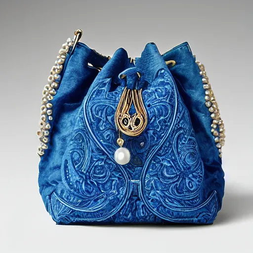 Image similar to a bucket bag made of blue suede. the bag is decorated with intricate golden paisley patterns. the handle of the bag is made of rubies and pearls.