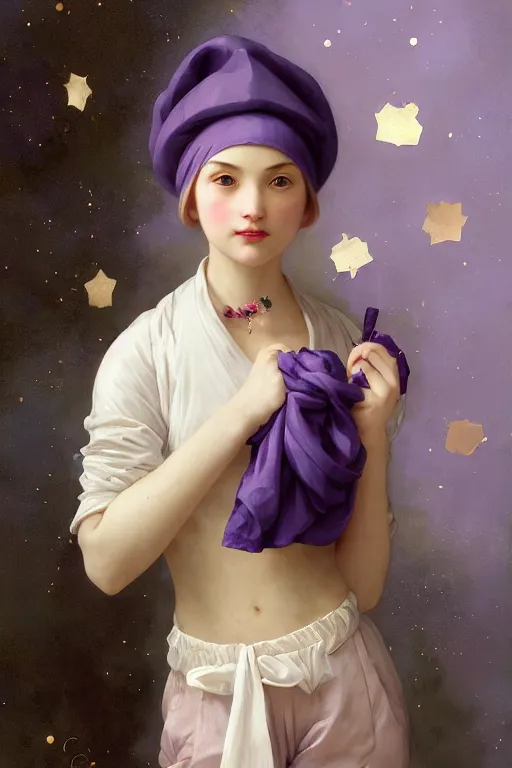 Image similar to Full View girl with short blond hair wearing an oversized purple Beret, Baggy Purple overall shorts, Short Puffy pants made of silk, silk shoes, a big billowy scarf, Golden Ribbon, and white leggings Covered in stars. Short Hair. masterpiece 4k digital illustration by Ruan Jia and Mandy Jurgens and Artgerm and william-adolphe bouguereau, award winning, Artstation, art nouveau aesthetic, Alphonse Mucha background, intricate details, realistic, panoramic view, Hyperdetailed, 8k resolution, intricate art nouveau