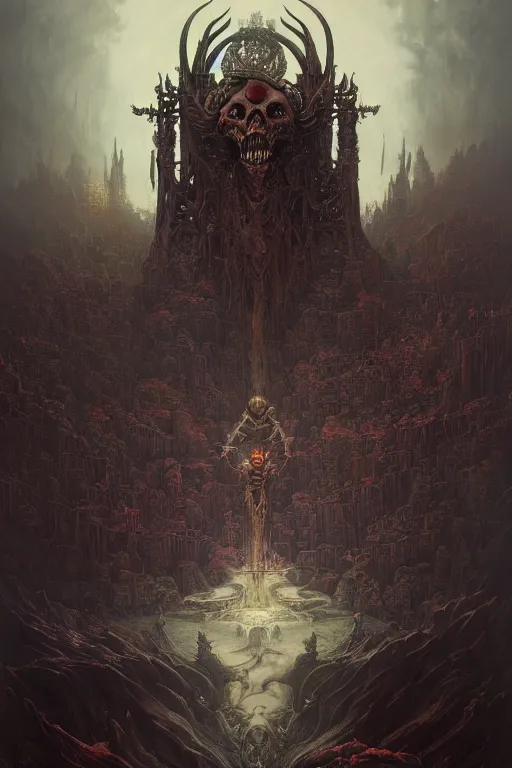 Image similar to evil gigantic demon skeleton lord of death, fantasy painting, ultra realistic, wide angle, art nouveau, intricate details, rainbowshift, vivid colors, highly detailed by peter mohrbacher, h. r. giger, maxfield parrish, gaston bussiere, gustave dore, craig mullins, octane render, cgi