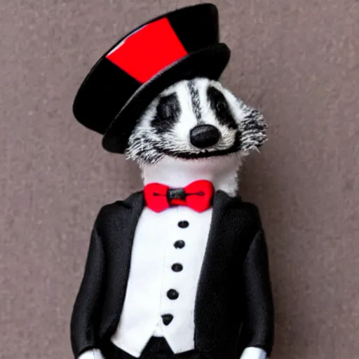 Image similar to badger wearing black tuxedo, red tie and a black tophat with a white stripe
