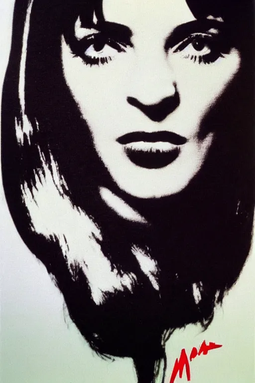 Image similar to mia wallace from pulp fiction painted by andy warhol