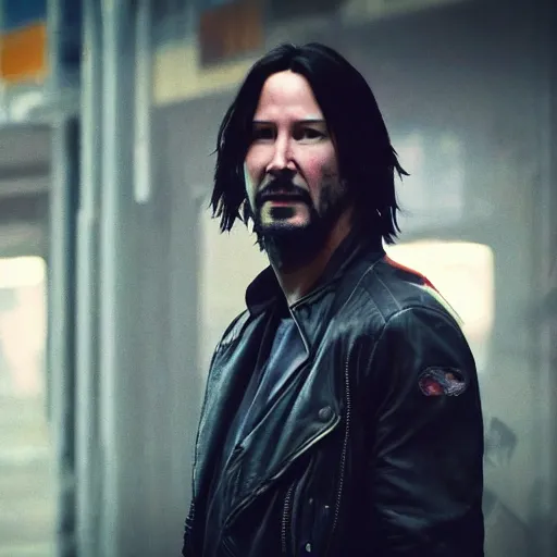 Image similar to high quality photo of Keanu Reeves in a cyberpunk cyberpunk cyberpunk city, realism, 8k, award winning photo