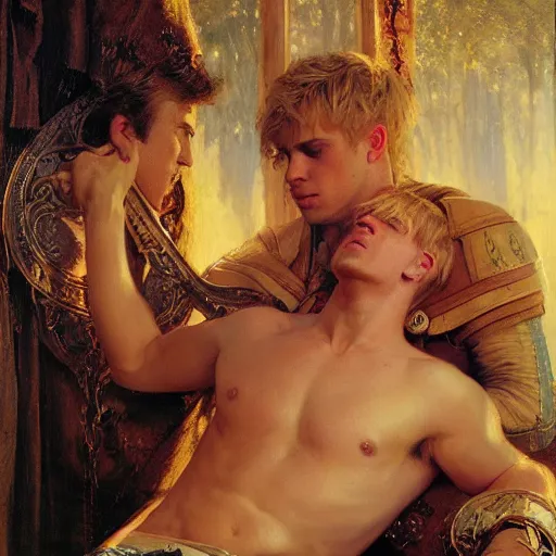 Image similar to attractive male, arthur pendragon who has blond hair confesses his love to attractive male, merlin who has dark hair. highly detailed painting by gaston bussiere, craig mullins, j. c. leyendecker 8 k