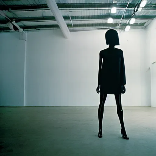 Image similar to empty warehouse room with a lone fashionable mannequin girlfriend in front of the camera cinestill 7 0's film