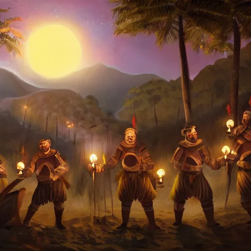 Prompt: A group of armoured Spanish conquistadors holding lanterns on a sandy beach Cove in middle of a magical forest in a dark night. Inca ruins in the background. Pale crescent moon in the sky. detailed digital painting, artstation