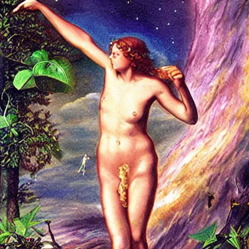 Prompt: eve starjumping in the garden of eden , with god blushing, hyper realism