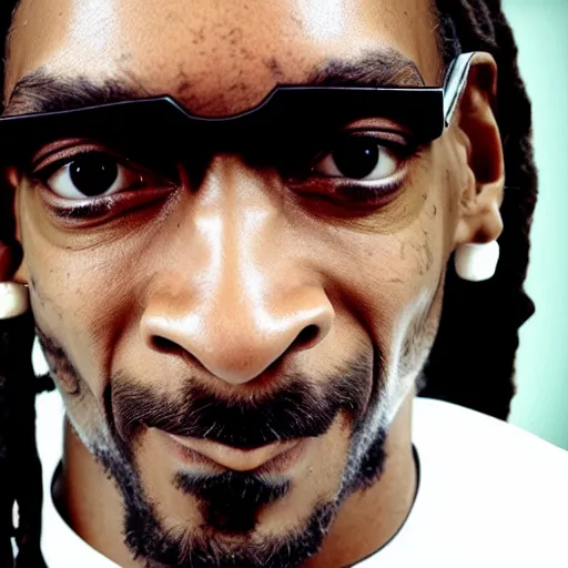 Image similar to Snoop Dog with big eyes eye color red , smiling and holding a joint in his hand