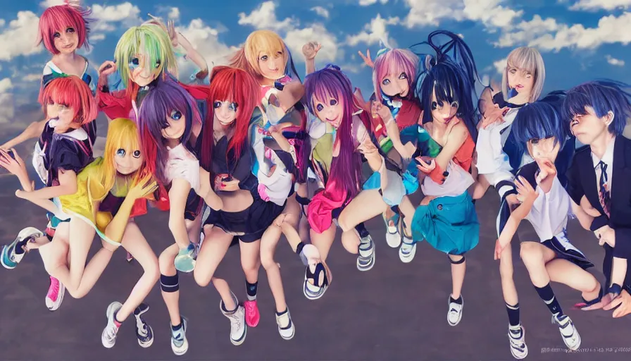 Prompt: group of cute anime characters jumping, colorful outfits, realistic face, detailed face, detailed eyes, short miniskirts, lightly dressed, ultra detailed digital art, hyper real, detailed, group photo, ultra detailed, ground up angle