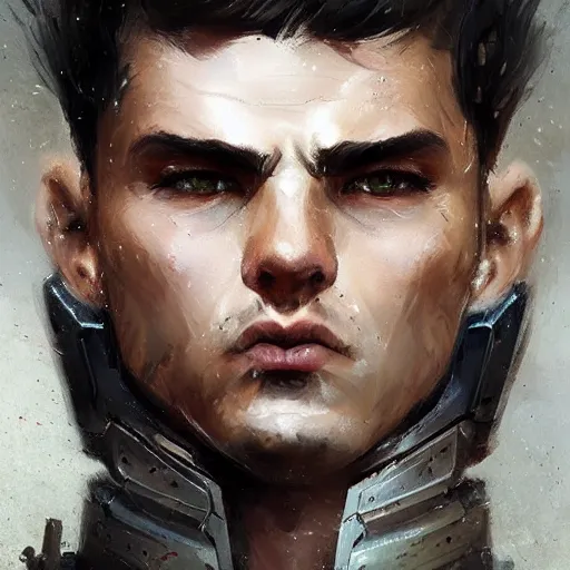 Image similar to Portrait of a man by Greg Rutkowski, he is about 20 years old, mixture turkish and russian, short dark blonde hair with bangs, attractive, angry but resigned look, he is wearing a futuristic tactical gear, highly detailed portrait, scifi, digital painting, artstation, concept art, smooth, sharp foccus ilustration, Artstation HQ.