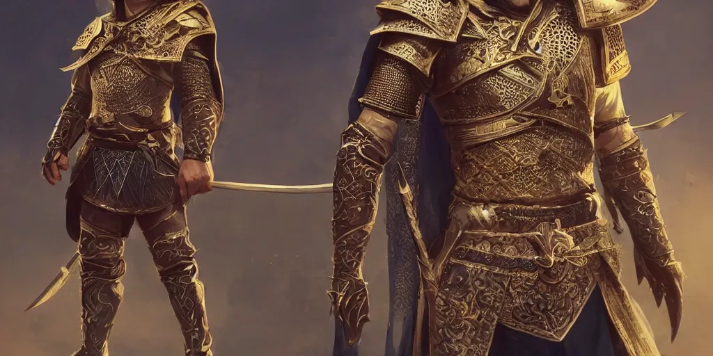 Image similar to arabian witcher, new costume concept design with metal sholders and ornaments on the armor, oriental armor style, arabic, fashion, colors with gold and dark blue, concept art, by artgerm, greg rutkowski, cinematic light, featured on artstation, octane render, sharp focus, ray tracing, artstationhq, cgsociety, 8 k.