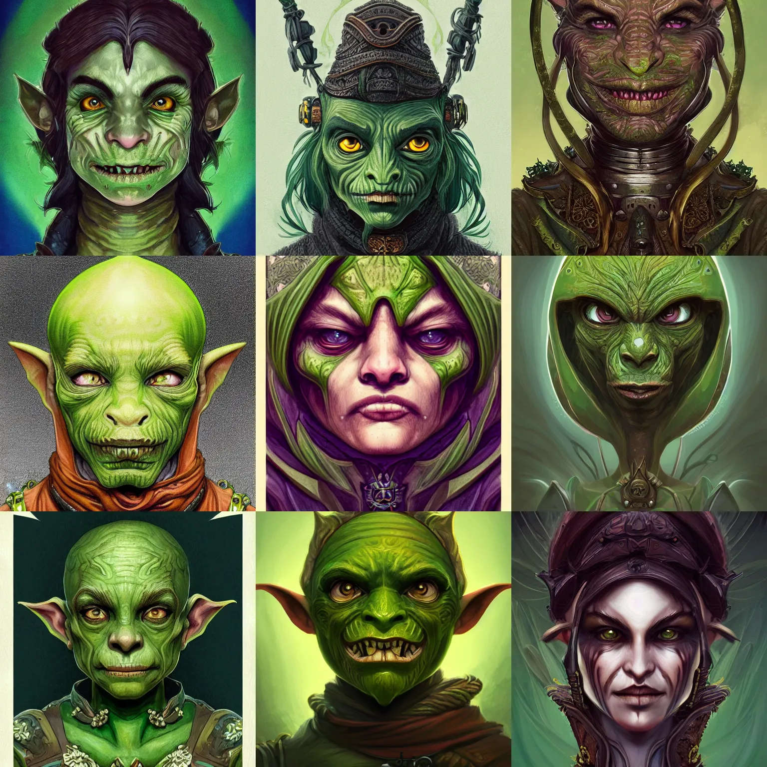 Prompt: head-on symmetrical centered painted portrait, D&D goblin rogue, green skin, leather armour, art nouveau, tarot card style, fantasy, intricate, elegant, highly detailed, smooth, sharp focus, illustration, artstation, in the style of Artgerm and Anna Podedworna and Mucha