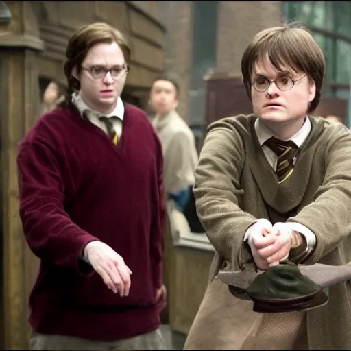 Image similar to dwight schrute playing harry potter in a harry potter movie