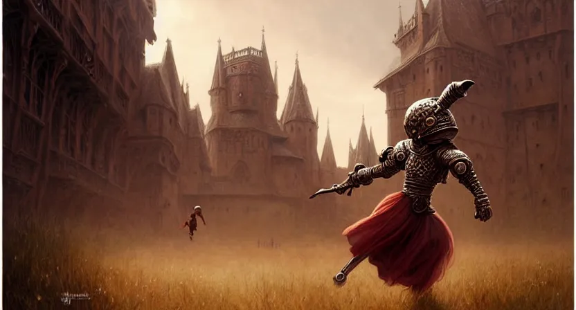 Prompt: tiny mage running away from metal golem, red hair straight bangs wearing ivory carved bone armor, medieval town, movie action still frame, ultra wide horizon, intricate, elegant, highly detailed, hyperrealism, digital painting, concept art, smooth, sharp, focus, illustration, art by artgerm, greg rutkowski, ilya kuvshinov, alphonse mucha