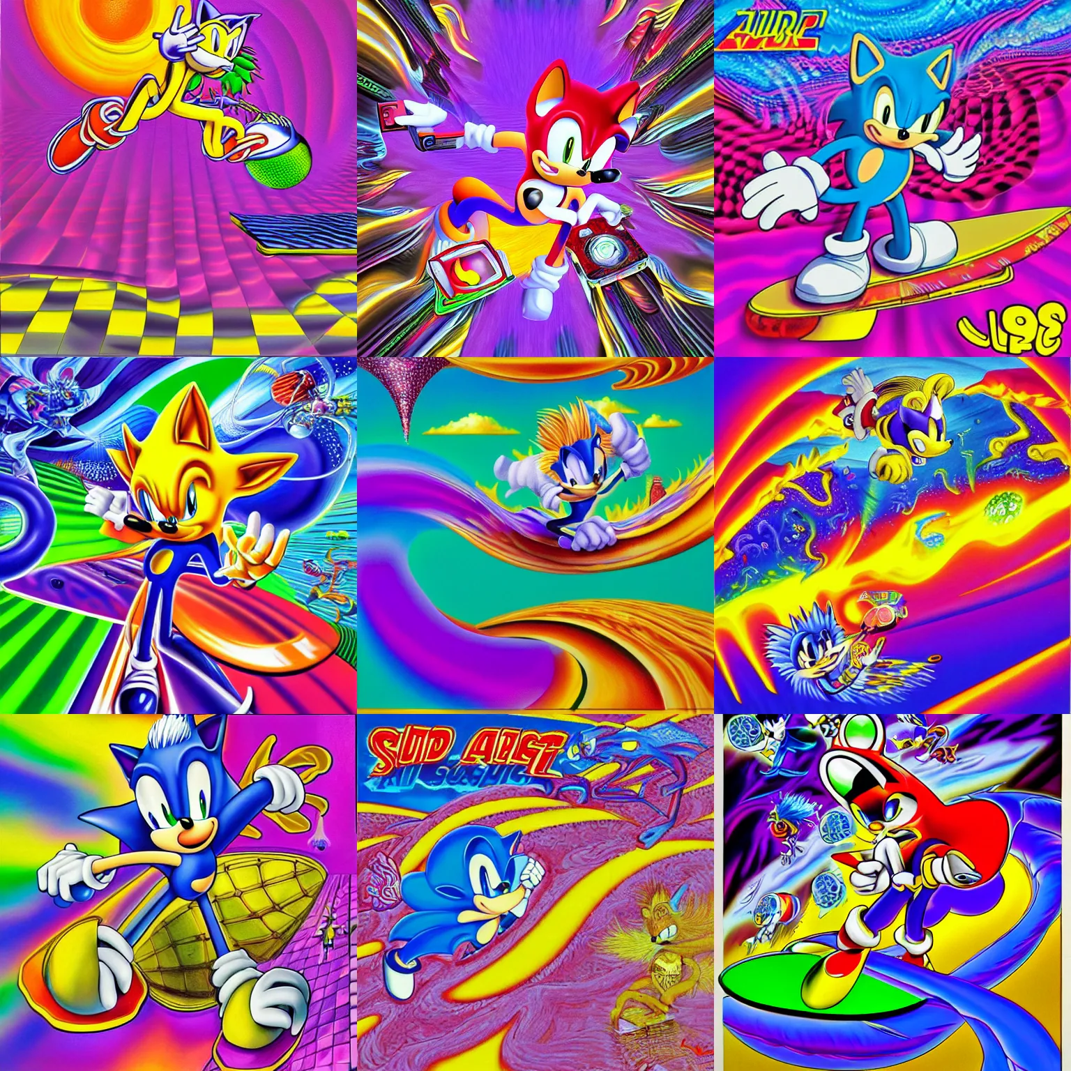 Image similar to surreal, sharp, detailed professional, high quality airbrush art mgmt album cover of a liquid dissolving airbrush art lsd dmt sonic the hedgehog surfing through cyberspace, purple checkerboard background, 1 9 9 0 s 1 9 9 2 sega genesis video game album cover