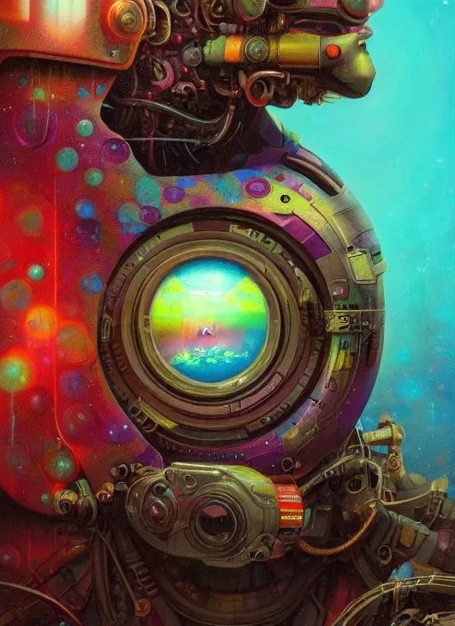 Image similar to close up sci - fi hippie lsd poster art simon stalenhag robot eyes, rainbow fur, elegant, highly detailed, centered, digital painting, concept art, smooth, sharp focus, illustration, artgerm, tomasz alen kopera, peter mohrbacher, donato giancola, joseph christian leyendecker, wlop, frank frazetta