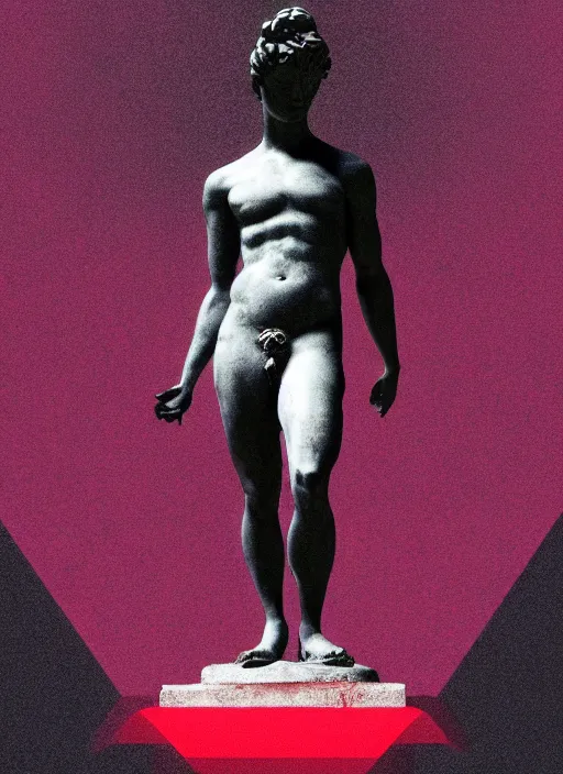 Image similar to black background with subtle red and purple design elements, greco roman statue, grey, nekro, abstract art, thin lines, dark, glitch art, neo vaporwave, gritty, layout frame, trending on artstation