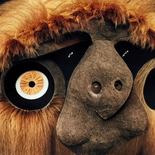 Prompt: a monster with a wooden face with painted eyes and multiple layers of fur and fabric, photography by shoji ueda