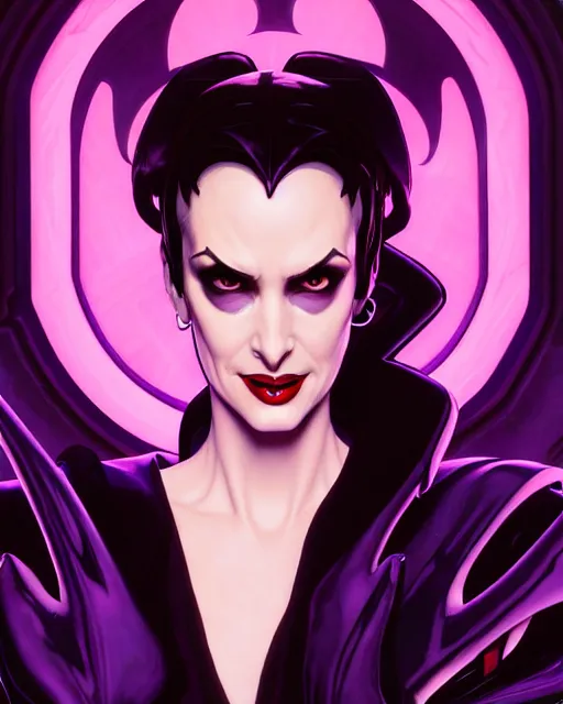 Image similar to winona ryder as scream queen, supervillain, villainess, pulp femme fatale, comic cover painting, masterpiece artstation. 8 k, sharp high quality artwork in style of wayne reynolds, alphonse mucha, greg rutkowski, and don bluth, concept art by jack kirby, blizzard warcraft artwork, hearthstone card game artwork