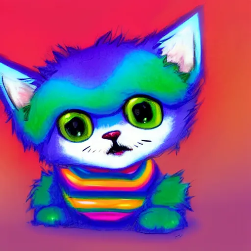 Image similar to wide angle full body, of a fluffy cute rainbow kitten wearing a black motorcycle jacket, concept art