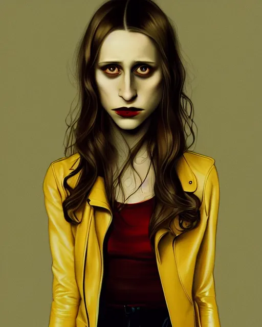 Prompt: in the style of Joshua Middleton, moody lighting, beautiful evil vampire Taissa Farmiga sharp bloody vampire fangs open mouth, yellow eyes, symmetrical eyes, realistic face, symmetrical face, brown leather jacket, jeans, long black hair, full body