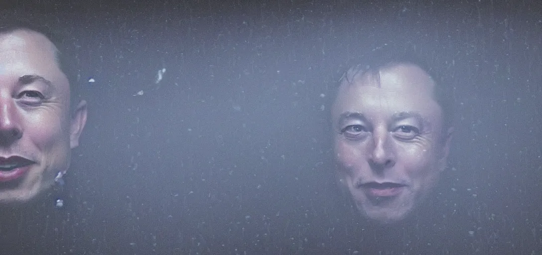 Image similar to dark photo of dark blue rainy bedroom window at night, dimly lit creepy grinning face of elon musk staring in through the window, horror, scary face,