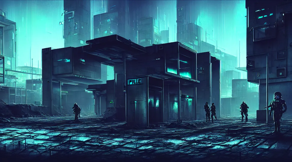 Image similar to post - apocalyptic police station, building, paved roads, complex textures, sci - fi art, highly detailed photography, trending on artstation, hyperrealistic, human silhouettes, cyberpunk, environment artist, dystopian, science fiction, synthwave neon retro, concrete, vivid colors