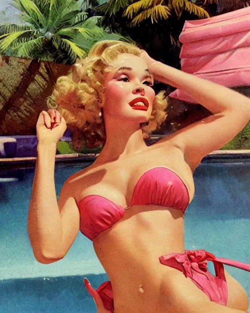 Image similar to tuesday weld in a pink bikini, tuesday weld half immersed in water in a palm springs midcentury swimming pool by gil elvgren, by mort kunstler, by earl norem