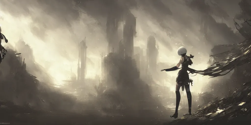 Image similar to an environmental concept art of nier automata, 2 b, highly detailed, environmental light, cinematic by francis tneh