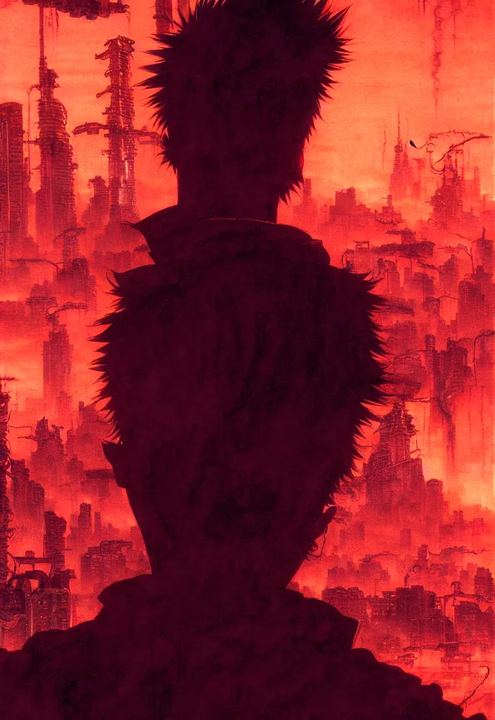 Image similar to tetsuo over neo - tokyo, silhouetted by a red sun | anime, matte painting, dystopian megacity neo - tokyo akira, shaded perfect, fine details. realistic shaded lighting anime manga artwork by katsuhiro otomo, akira, artgerm, jeremy lipkin and michael garmash and rob rey