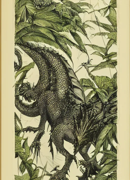 Image similar to game of thrones dragon in a tropical forest, john james audubon, intaglio, sharp focus