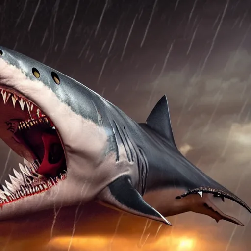 Prompt: Flying cyborg shark with visible implants in a thunderstorm, open mouth, teeth are clearly visible, dramatic lighting, ray tracing, Unreal Engine 4, extremely high level of detail.