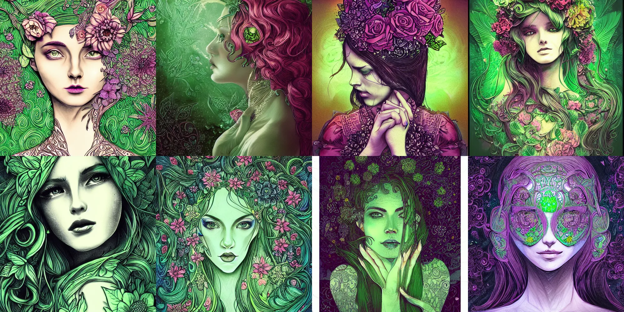 Prompt: woman, magical, flower, bright castleton green, detailed intricate ink illustration, dark atmosphere, detailed illustration, hd, 4k, digital art, overdetailed art, concept art, complementing colors, trending on artstation, Cgstudio, the most beautiful image ever created, dramatic, subtle details