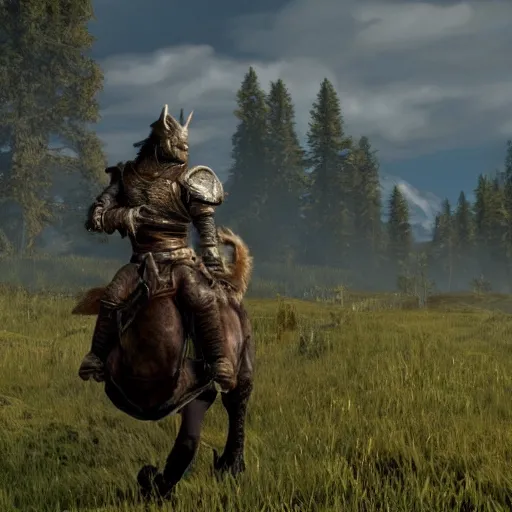 Prompt: Dragonborn riding chonky horse through meadow in Skyrim