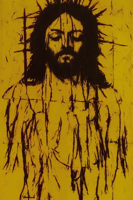 Image similar to bloody jesus christ crucified, yellow sky painted by andy warhol and cy twombly