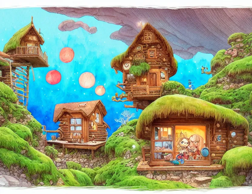 Image similar to cute and funny, a beautiful cozy cabin carved into a mountain, view of the ocean beneath, ratfink style by ed roth, centered award winning watercolor pen illustration, isometric illustration by chihiro iwasaki, edited by range murata, tiny details by artgerm and watercolor girl, sharply focused