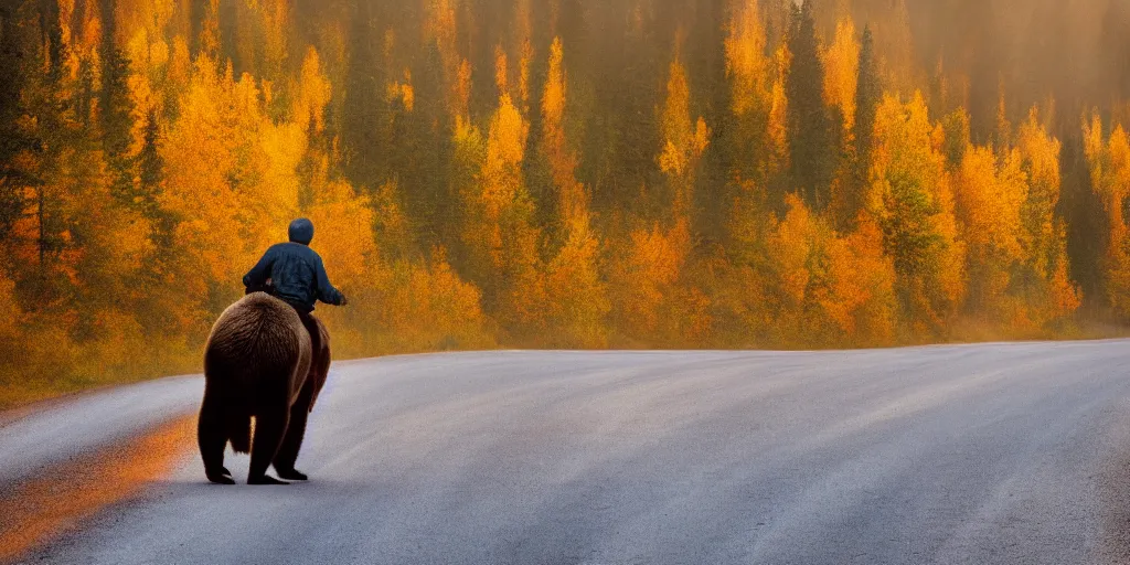 Image similar to back of bob ross riding on the back of brown bear in alaska at fall season, outdoor lighting, realistic, photo, national geographic photo, volumetric, fog