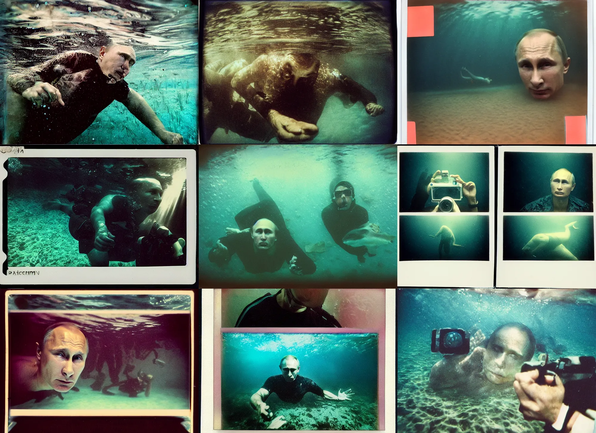 Prompt: vladimir putin close up underwater, underwater polaroid photo, vintage, neutral colors, underwater, by shawn heinrichs and gregory crewdson