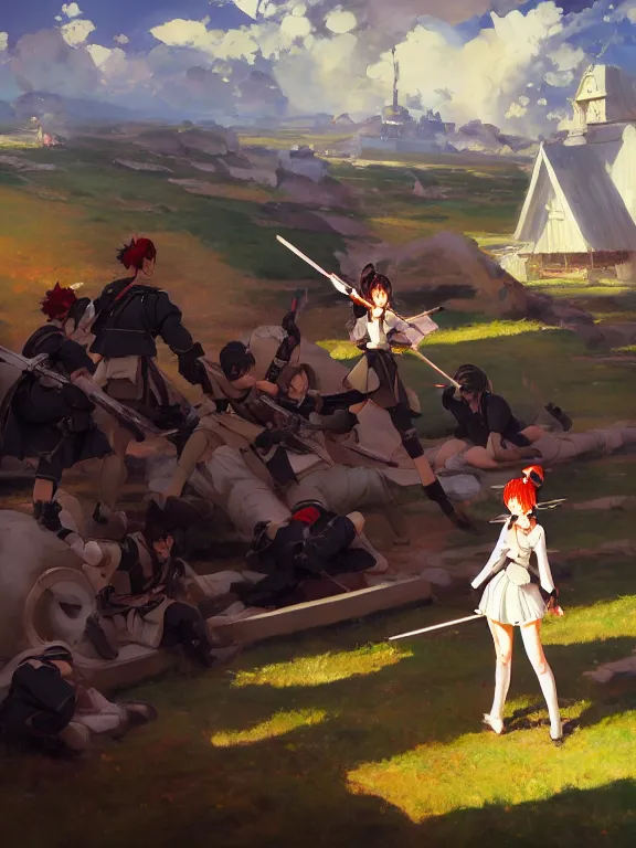 Prompt: classical oil painting of anime key visual environment concept art of the great anime maid war in a battlefield, anime maid soldiers, magical girls, trending on artstation, brush strokes, oil, canvas, style of kawacy makoto shinkai jamie wyeth james gilleard edward hopper greg rutkowski, preserved historical