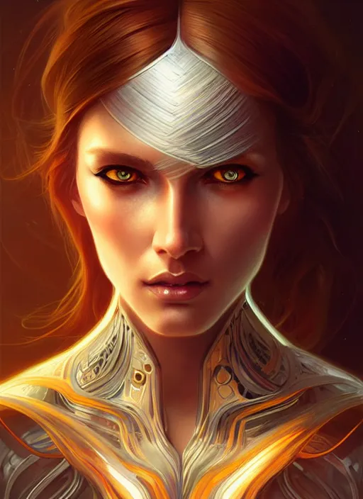 Image similar to futuristic woman portrait, sci-fi, amber eyes, face, long hair, fantasy, intricate, elegant, highly detailed, digital painting, artstation, concept art, smooth, sharp focus, illustration, art by artgerm and greg rutkowski and alphonse mucha