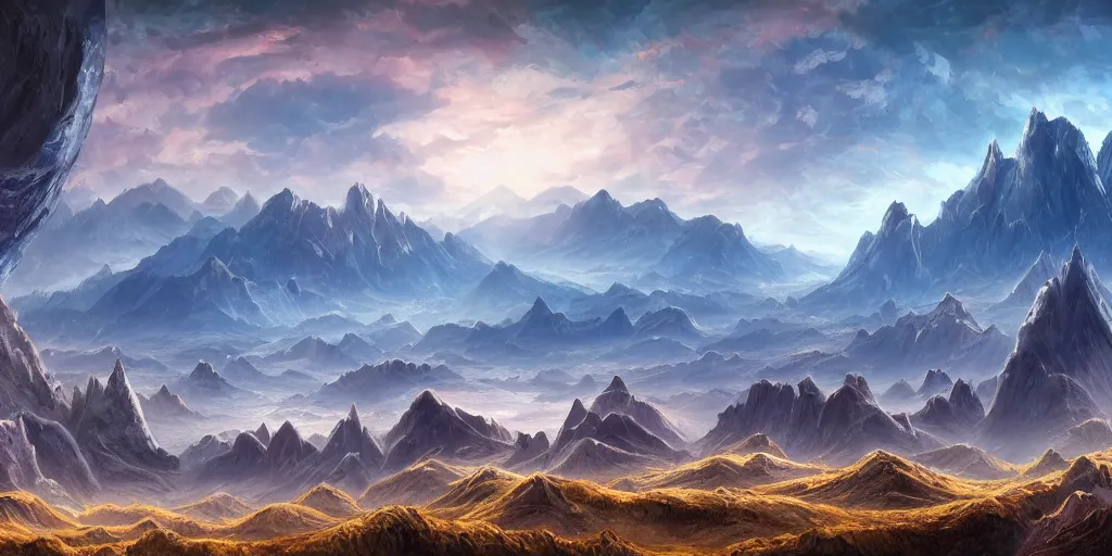 Image similar to The eldritch sky landscape with mountains in the background, Sci-Fi fantasy desktop wallpaper, painted, 4k, high detail, sharp focus