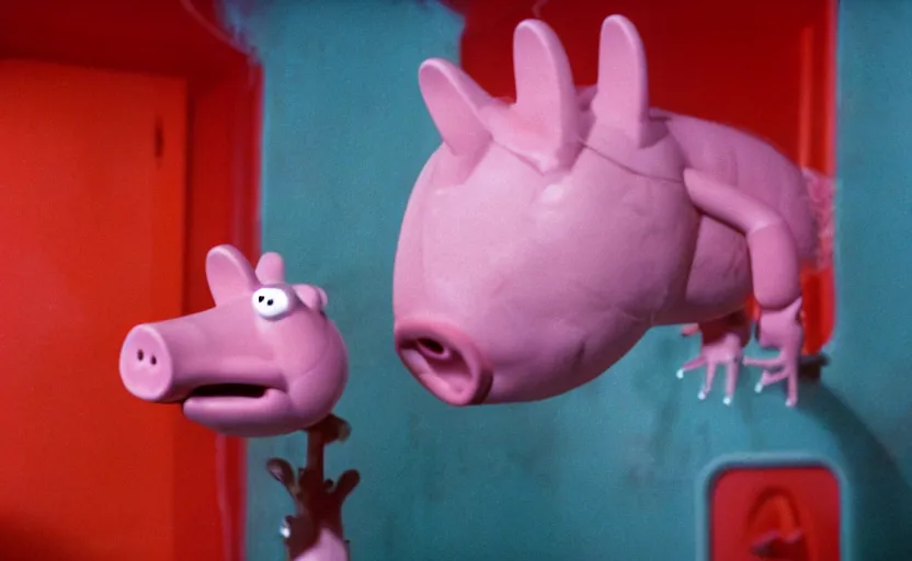 Image similar to peppa the pig infected by xenomorph from movie alien 1 9 7 9, staying at nostromo spaceship. extreme long shot, 4 k, cinestill, giger, hermann nitsch, dark colors