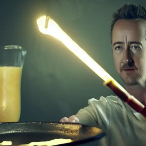 Prompt: an egg frying in a pan with edward norton as the yolk, cinematic, dramatic lighting