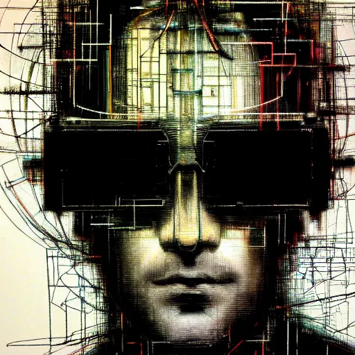 Prompt: hyperrealistic portrait of a cyberpunk man, long hair, by Guy Denning, Johannes Itten, Russ Mills, hacking effects, detailed lines, network, cybernetics, technological sunglasses, cables, computation, technological, color blocking!, circuitry, digital, oil on canvas, insane detail, front view, symmetrical, octane, concept art, abstract, artistic, 8k, cinematic, trending on artstation