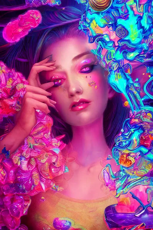 Prompt: a beautiful princess engulfed in colorful liquid clouds and neon smoke, extremely psychedelic experience, psilocybin, lsd, dmt, face, highly detailed, artstation, concept art,, sharp focus, digital art by hana yata, and artem demura and beeple, lisa frank, cyberpunk, octane render, unreal engine, 8 k