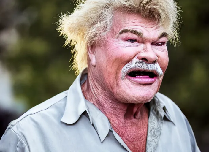 Image similar to photo still of rip taylor at a funeral service outside!!!!!!!! at age 5 4 years old 5 4 years of age!!!!!!! throwing confetti from a bucket, 8 k, 8 5 mm f 1. 8, studio lighting, rim light, right side key light