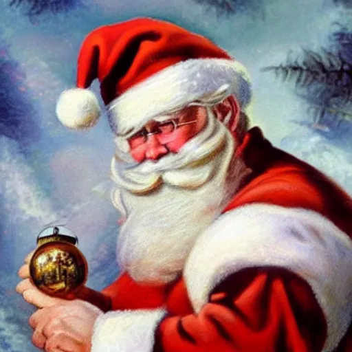 Image similar to an ultra - realistic oil painting of santa claus holding a snowglobe in the style of frank frazetta. 4 k. ultra - realistic. highly detailed. dark fantasy. epic lighting.