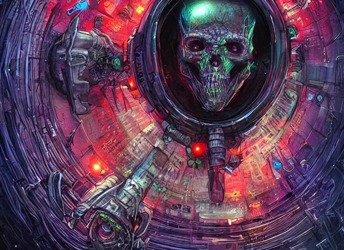 Prompt: a futuristic skull with glowing eyes and a wormhole tunnel cyberpunk art by android jones, featured on artstation, darksynth, synthwave