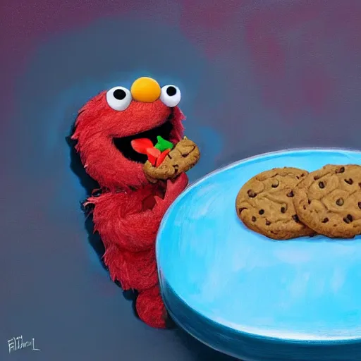 Image similar to elmo eating a cookie in hell, digital art, oil painting, 3 d,